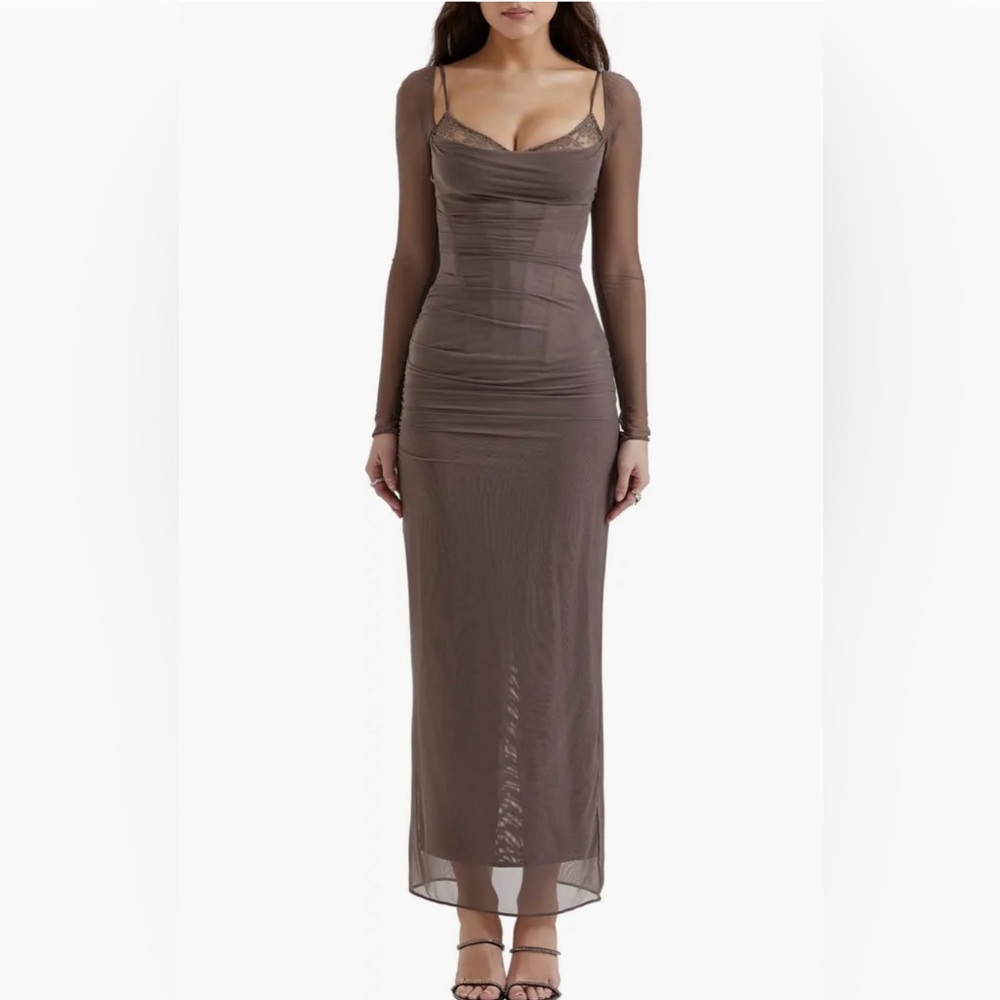 House of CB Katrina Lace Mesh Long Sleeve Gown